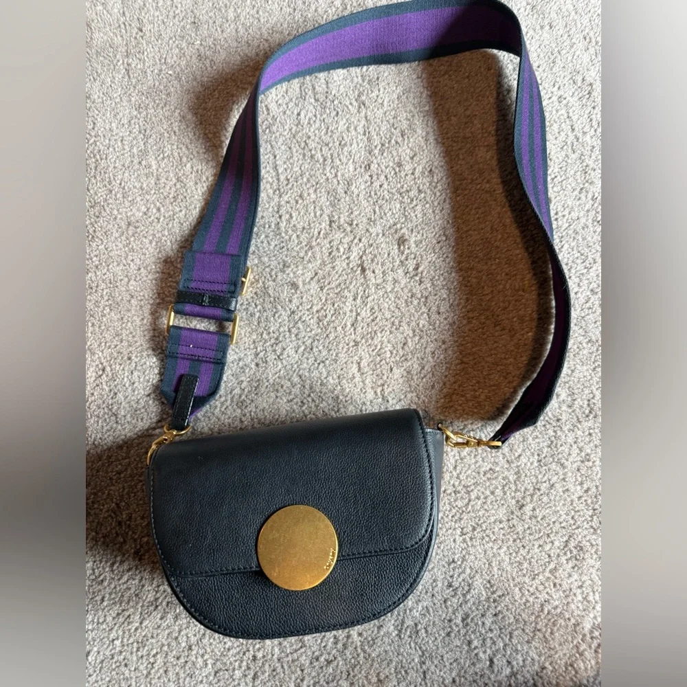 orYANY Black Leather Crossbody with Purple and Green Strap